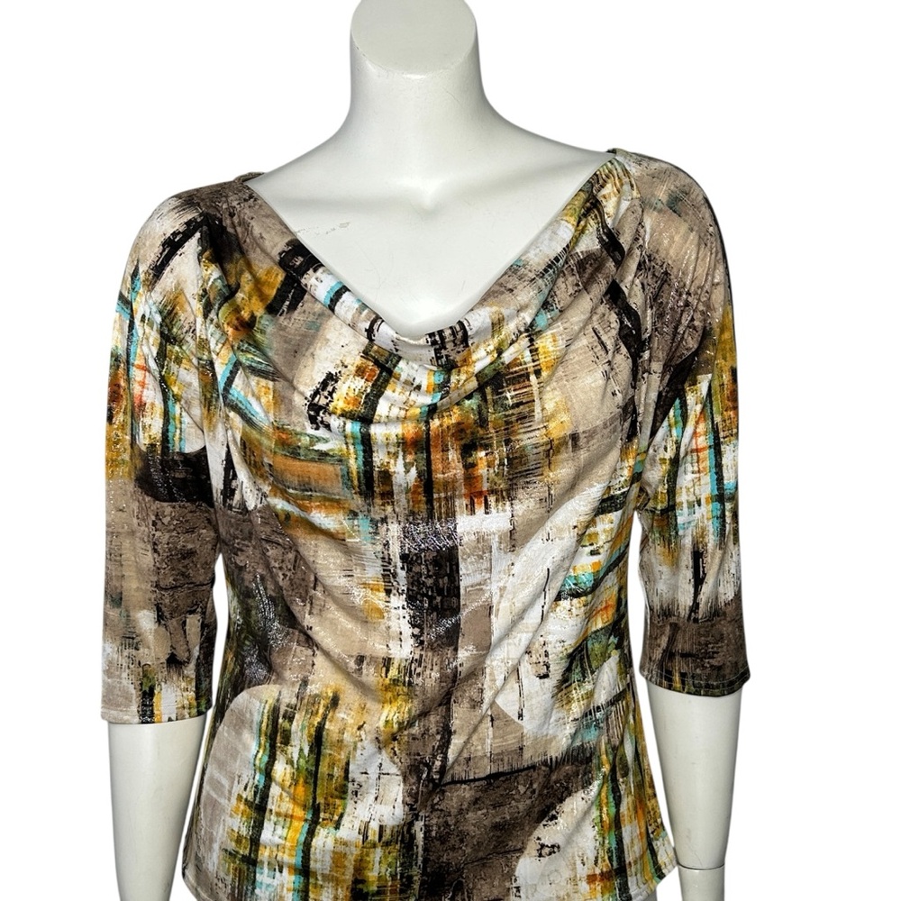 Peck & Peck Shirt Womens Size XL Multicolor Stretch Brown 3/4 Sleeve Blouse